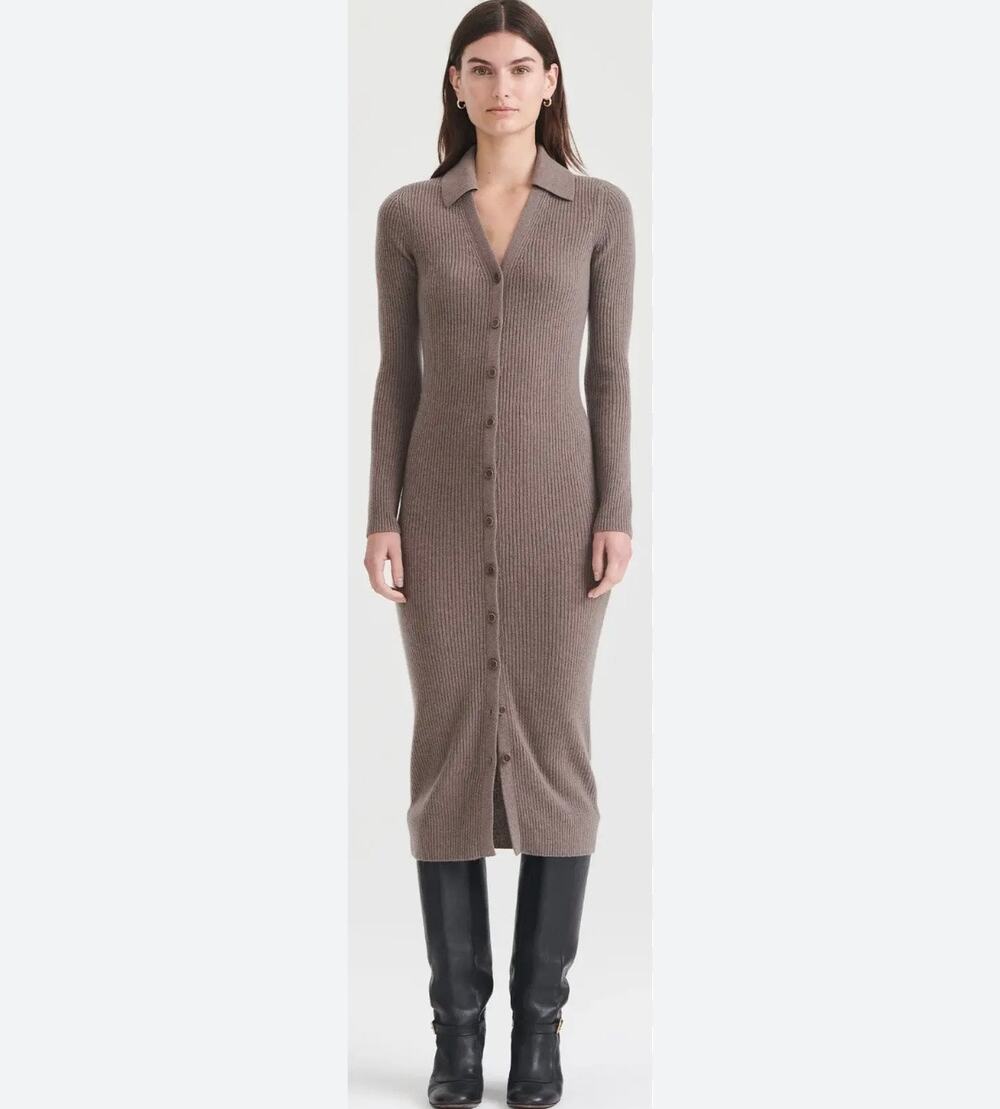 NWT NAADAM 100% Cashmere Ribbed Cardigan Dress Heathered Brown XXS Minimalist